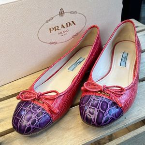 Prada Red and Purple Croc Embossed Leather Bow Ballet Flats Size 37 US 7